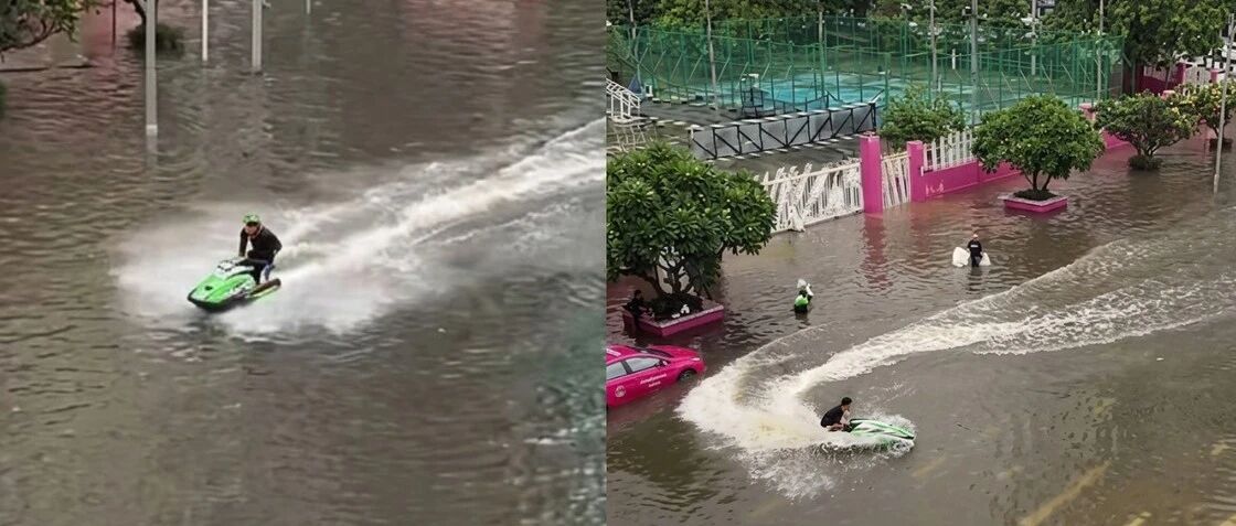 曼谷洪水里骑水上摩托拍视频,两名男子被警方起诉